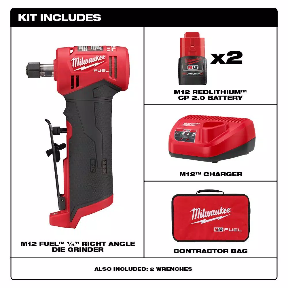 Discount 😉 Grinders Milwaukee M12 FUEL 12-Volt Lithium-Ion Brushless Cordless 1/4 In. Right Angle Die Grinder Kit W/ (2) 2.0Ah Batteries 🌟 - Image 2
