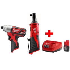 Hot Sale 🌟 Cordless Ratchets Milwaukee M12 12-Volt Lithium-Ion Cordless 3/8 In. Ratchet And 1/4 In. Impact Driver Combo Kit With (1) 2.0Ah Battery And Charger 💯