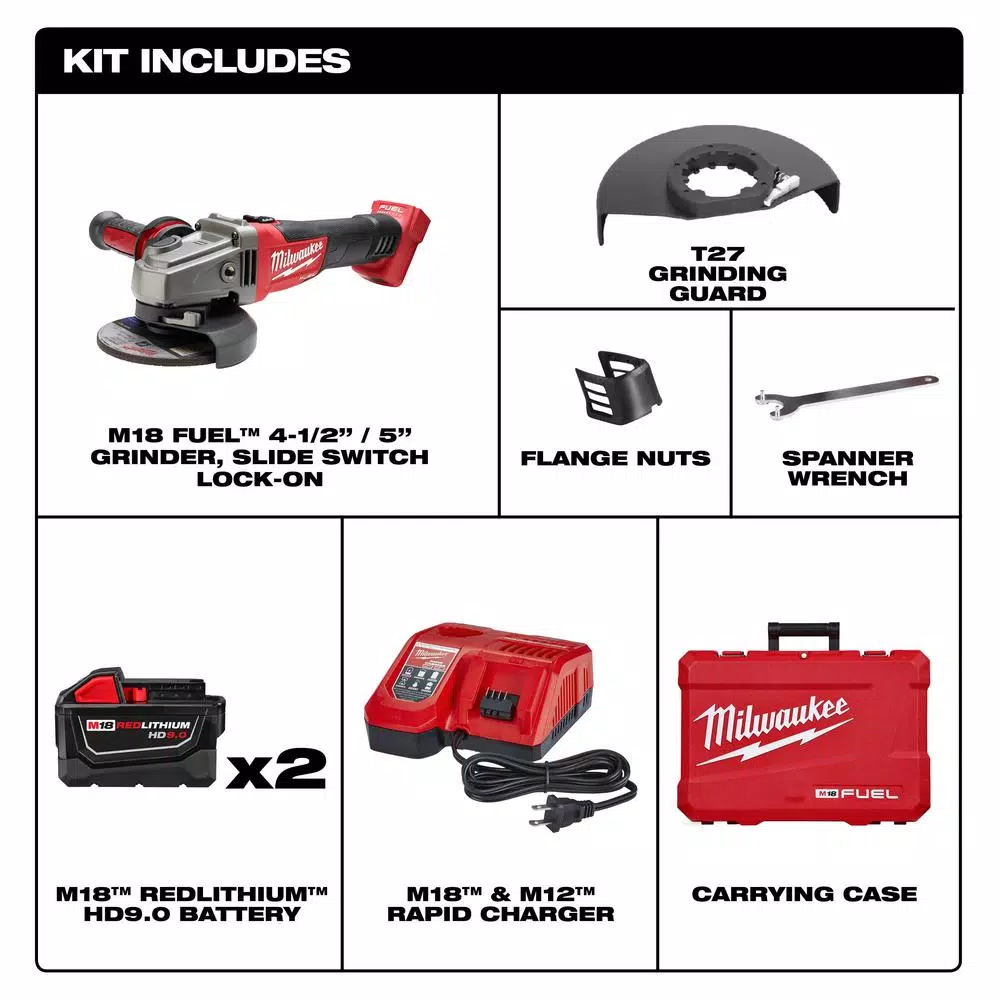 Discount βοΈ Grinders Milwaukee M18 FUEL 18-Volt Lithium-Ion Brushless Cordless 4-1/2 In./5 In. Grinder, Slide Switch Lock-On Kit W/(2) 9.0Ah Batteries π - Image 2