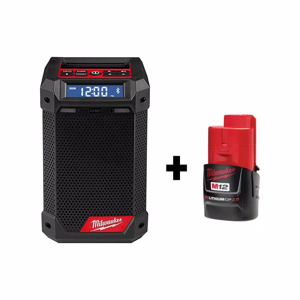 Discount ✔️ Milwaukee M12 12-Volt Lithium-Ion Cordless Bluetooth/AM/FM Jobsite Radio With Charger With M12 2.0Ah Battery 🤩