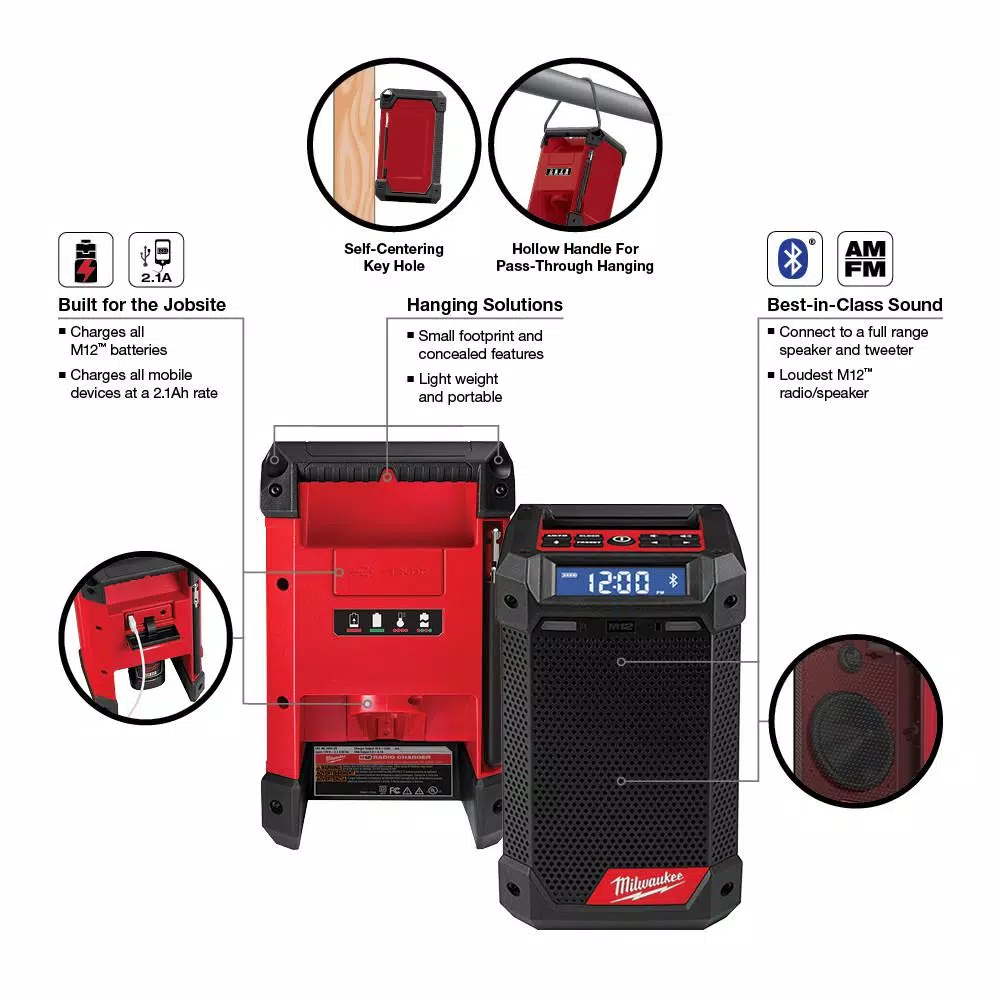 Discount ✔️ Milwaukee M12 12-Volt Lithium-Ion Cordless Bluetooth/AM/FM Jobsite Radio With Charger With M12 2.0Ah Battery 🤩 - Image 2