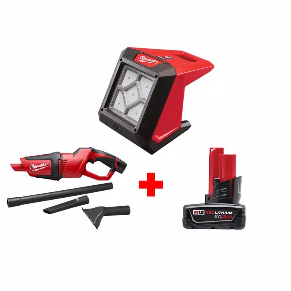 Hot Sale 😉 Jobsite Milwaukee M12 12-Volt Lithium-Ion Cordless 1000 Lumens ROVER LED Compact Flood Light With M12 Compact Vacuum And 3.0 Ah Battery 🎉