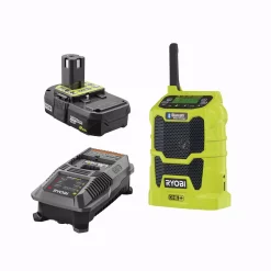 Outlet 😉 Jobsite RYOBI 18-Volt ONE+ Cordless Compact Radio With Lithium-Ion 2.0 Ah Battery And Dual Chemistry IntelliPort Charger Kit 🥰