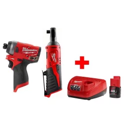 Best deal 🎁 Cordless Ratchets Milwaukee M12 12-Volt Lithium-Ion Cordless 3/8 In. Ratchet & FUEL 1/4 In. Impact Driver Combo Kit With (1) 2.0Ah Battery & Charger ❤️